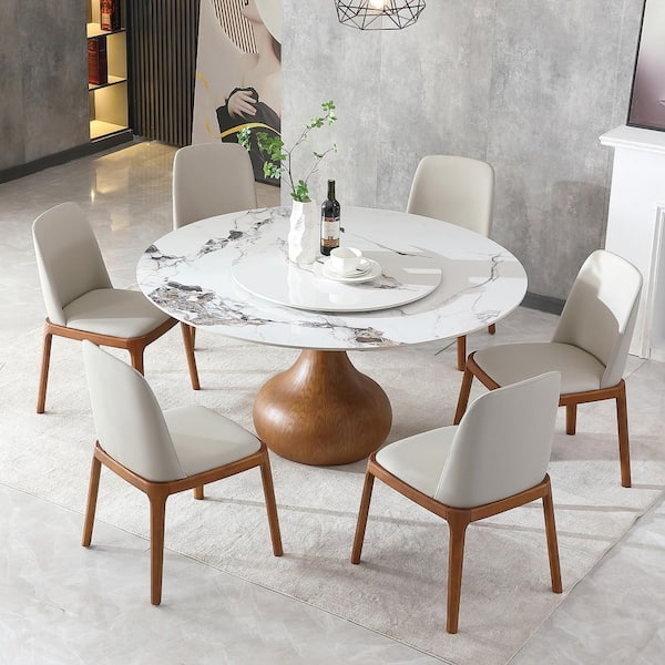 Azelix Modern 7-Piece Round Faux Marble Top Dining Table Set with Upholstered Chairs, Walnut and White, Seats 6