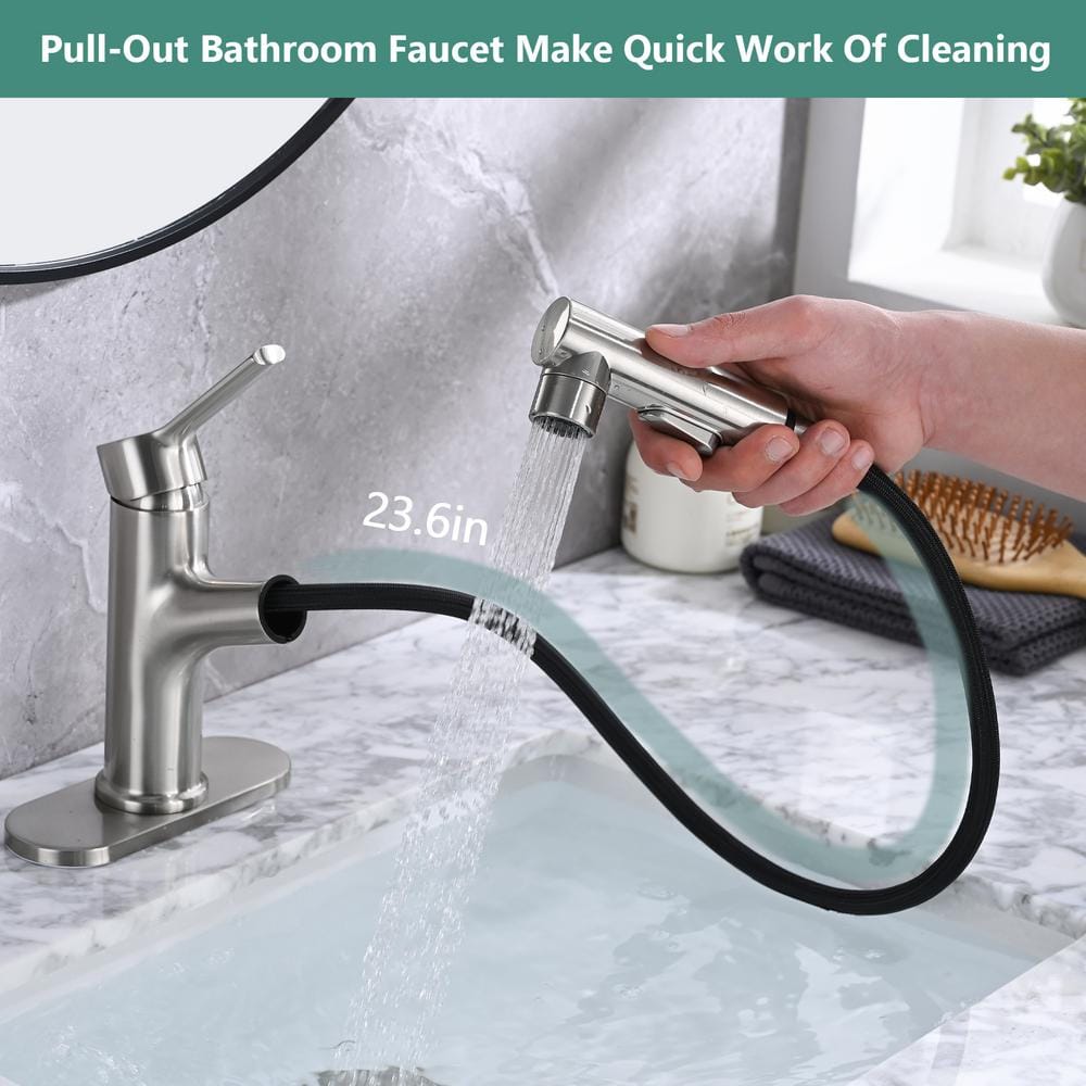 Brushed Nickel Single Handle Bathroom Faucet with Pull-Out Sprayer
