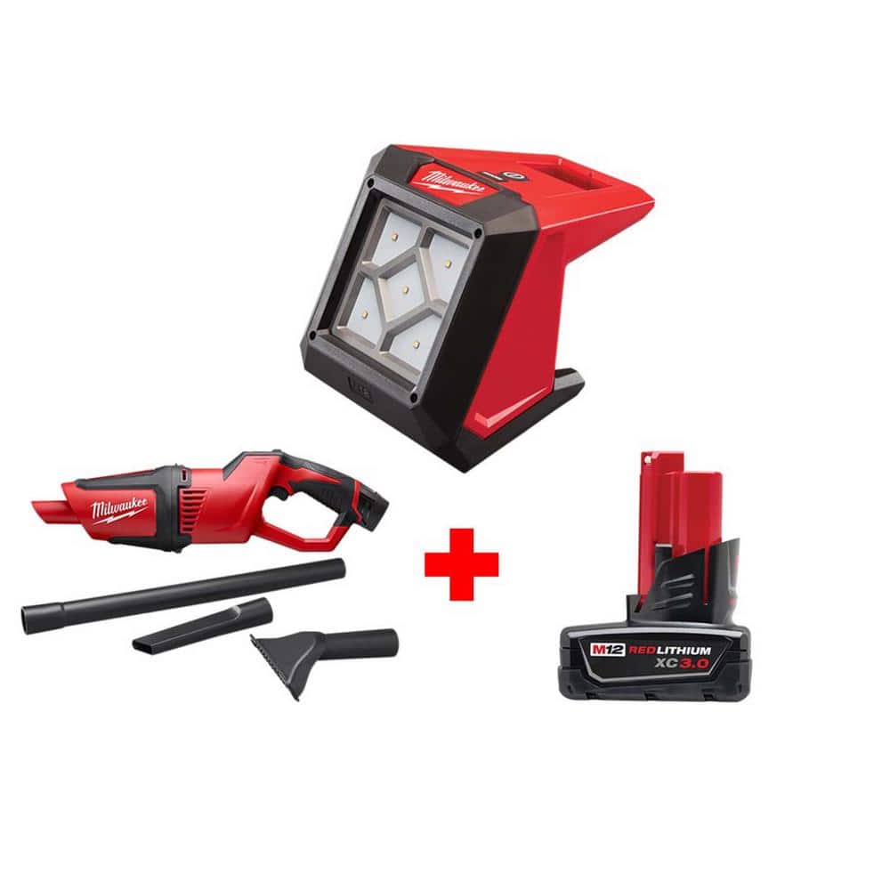 Milwaukee M12 12-Volt Lithium-Ion Cordless 1000 Lumens ROVER LED Compact  Flood Light with M12 Compact Vacuum and 3.0 Ah Battery  2364-20-0850-20-48-11-2402 The Home Depot