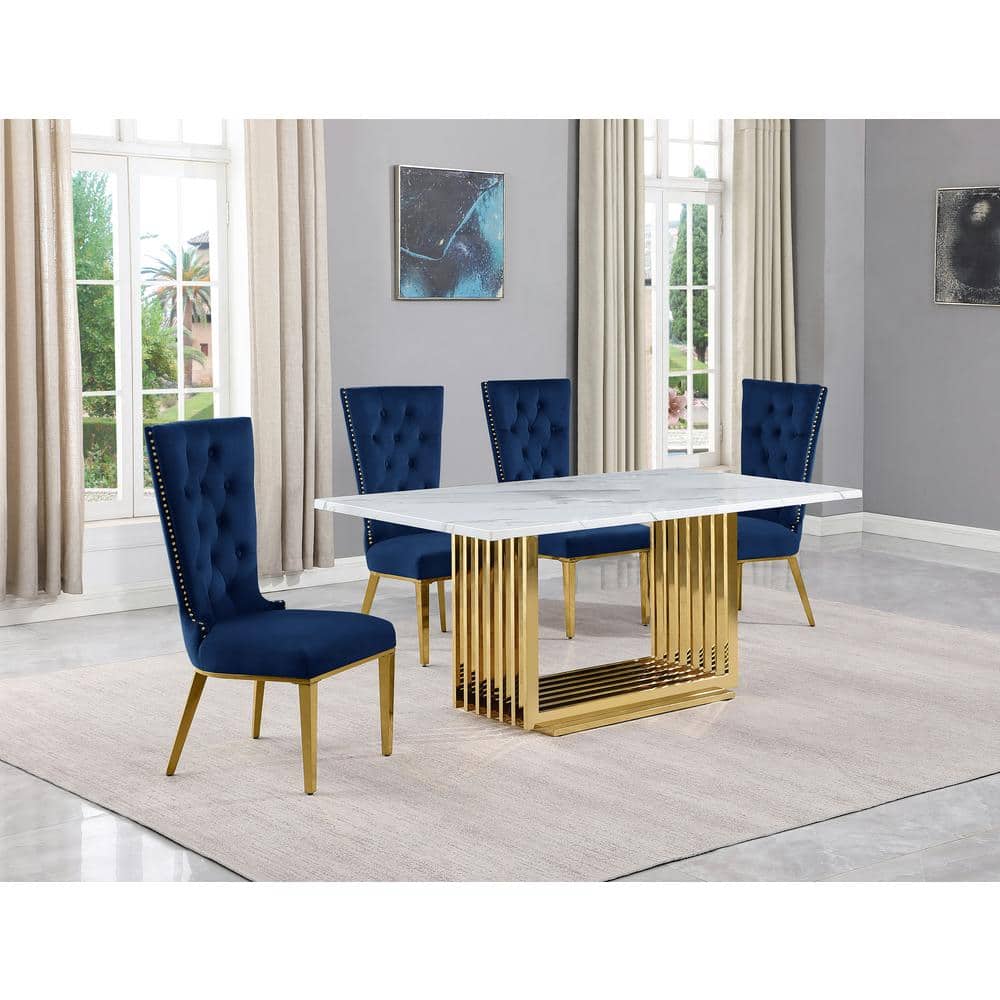 Best Quality Furniture Lisa 5-Piece Rectangular White Marble Top Gold Chrome Base Dining Set ...