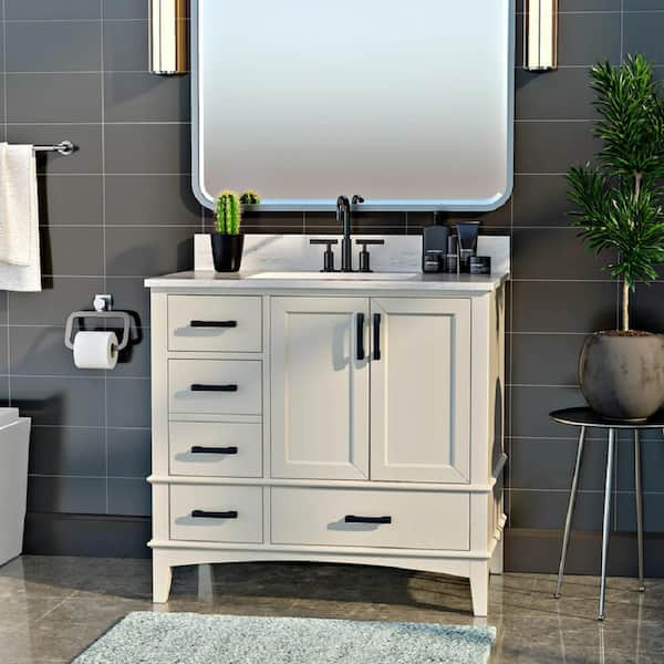 Emily 36 in. W x 22 in. D x 34 in. H Bath Vanity in White with Carrara Engineered Stone Top with White Basin