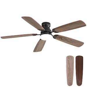 52 in. Indoor/Outdoor Downrod and Flush Mount LED Black Ceiling Fan with Light and Remote Control