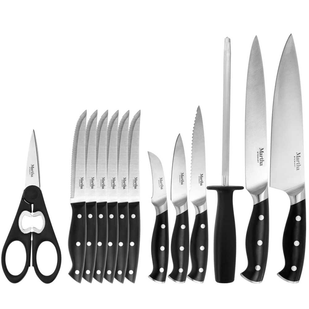 14-Piece Stainless Steel Knife Set with Black Handles and Wood Block