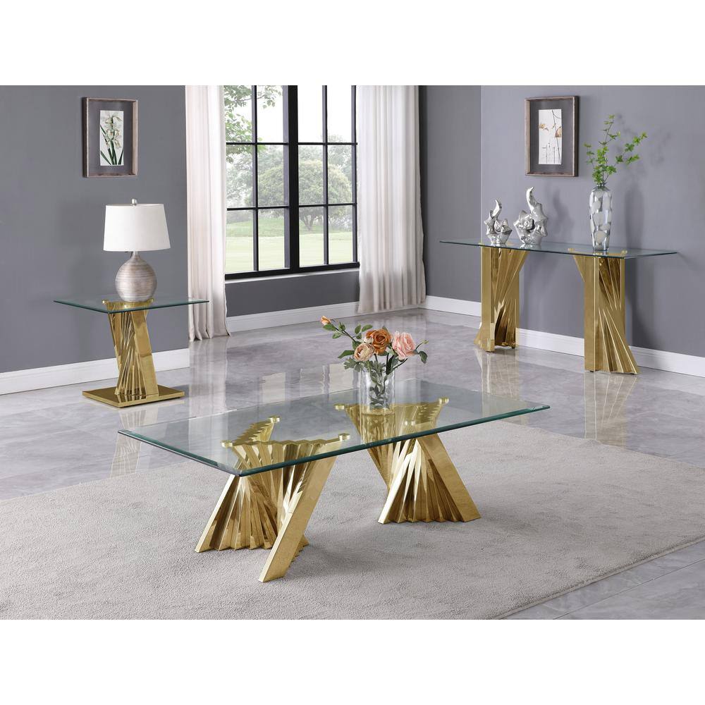 Spiral Gold Stainless Steel and Tempered Glass 3-Piece Coffee Table Set