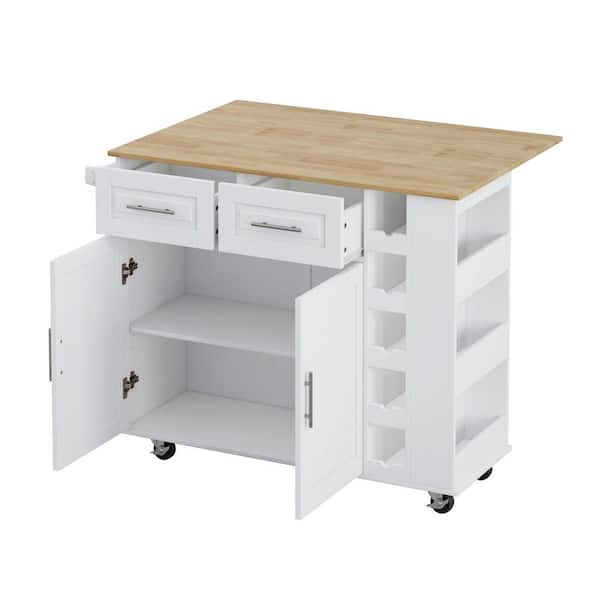 Unbranded Multi-Functional White Kitchen Cart with 2-Door Cabinet, 2-Drawer, Wine Rack & Foldable Rubberwood Table Top for Kitchen
