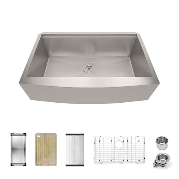304 Stainless Steel 16-Gauge 33 in. Single Bowl Farmhouse Apron Workstation Kitchen Sink with Accessories