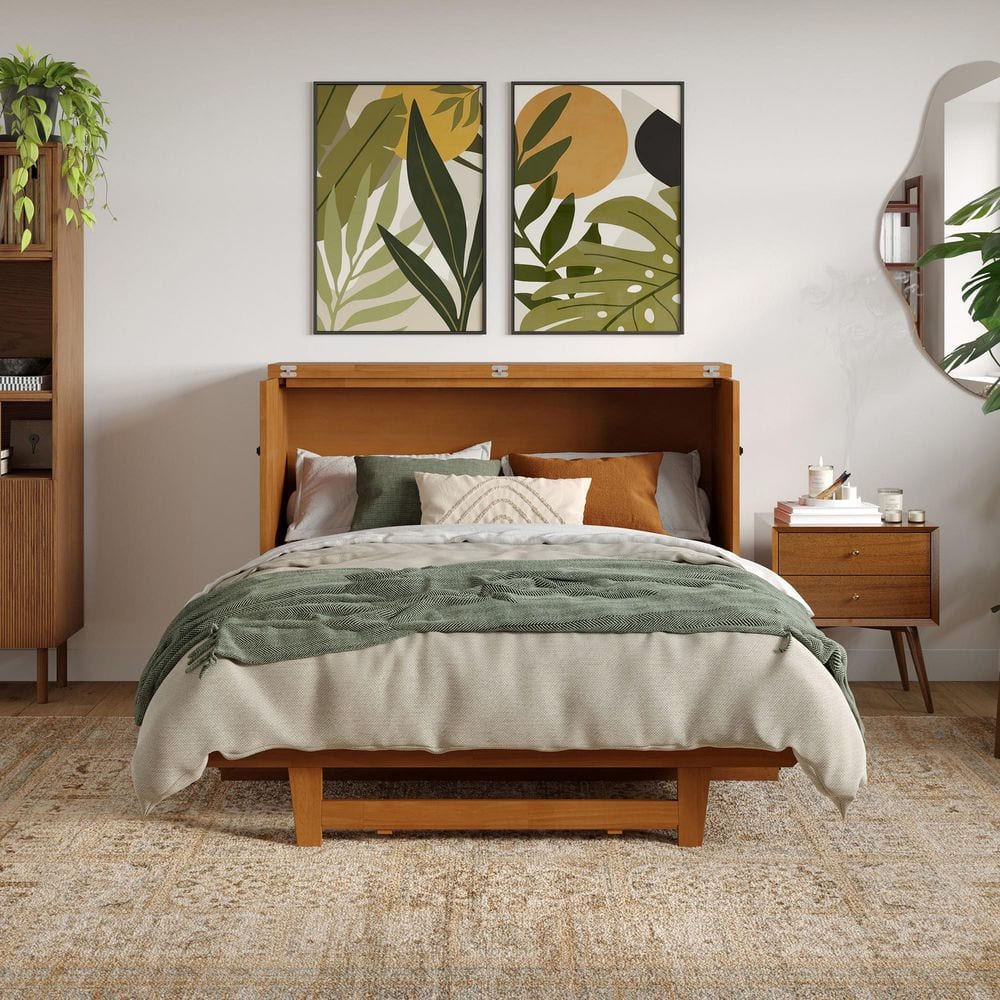 Light Toffee Full Wood Murphy Bed Chest with Mattress and USB Charger