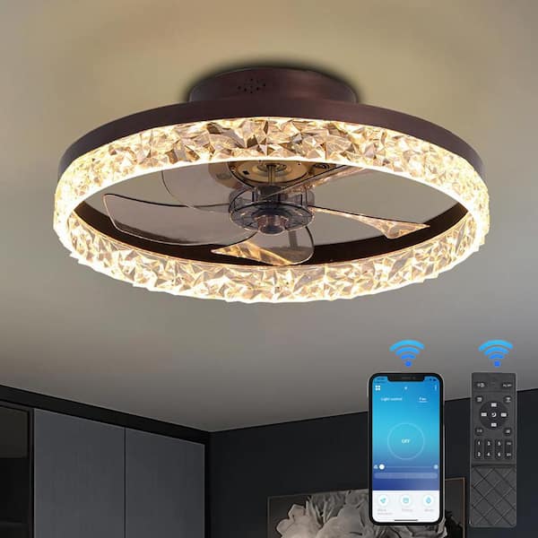Lasaideal 19.7 in. LED Indoor Brown Bladeless Low Profile Ceiling Fan Flush Mount Smart App Remote Control Dimmable Lighting