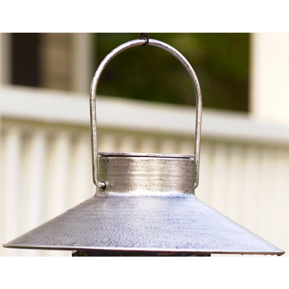 Adelie Blue Mosaic Glass and Metal Hanging Bird Feeder with Solar Light