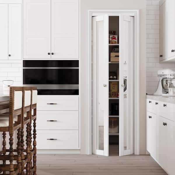 28 in. x 80 in. 1-Lite Mirrored Glass Solid Core White Finished Pivot Glass Bi-Fold Door with 2-Types of Hardware