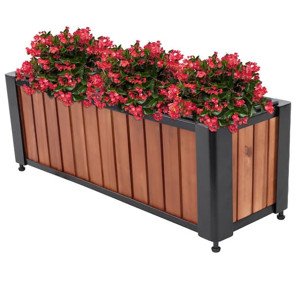 Sunnydaze Acacia Wood Slatted Planter Box with Insert
