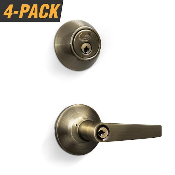 Premier Lock Antique Brass Entry Lock Set Door Lever Handle and Deadbolt Keyed Alike KW1 Keyway. 16 Total Keys, Keyed Alike by Set