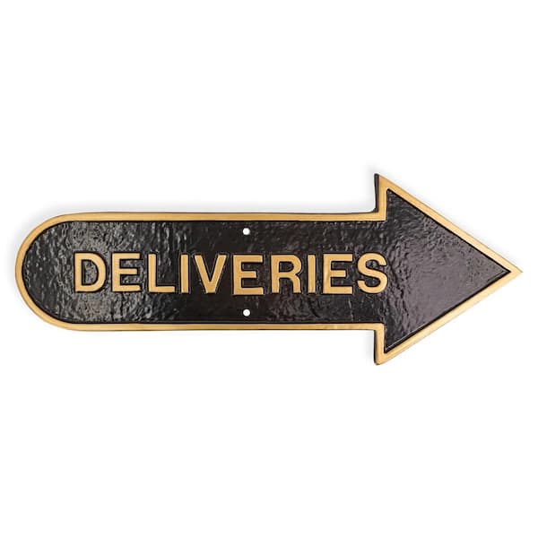 Montague Metal Products 6 in. x 15.5 in. Right Arrow Deliveries Statement Plaque Sign-Black/Gold