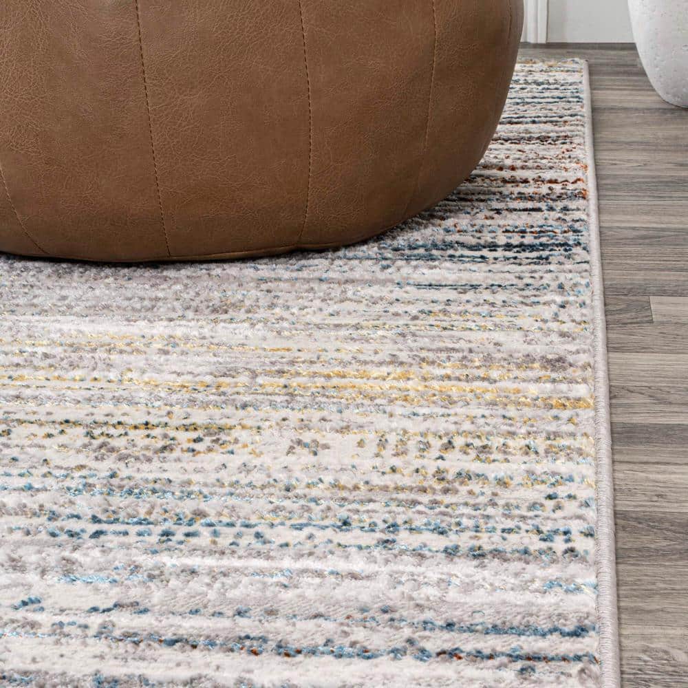 Gray and Blue Striped Synthetic 4' x 6' Area Rug