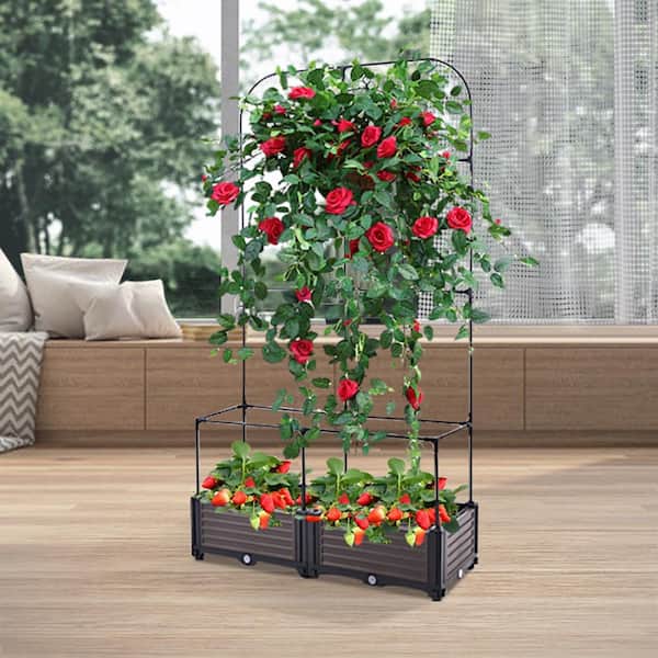 Wellco Premium Plastic Raised Garden Bed Planter Box with Trellis Planter Box for Climbing Plants Vegetables Vine Flowers