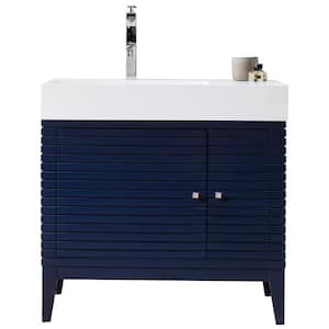 Linear 35.5 in. W x 19 in.D x 34.5 in.H Single Bath Vanity in Victory Blue with Solid Surface Top in Glossy White