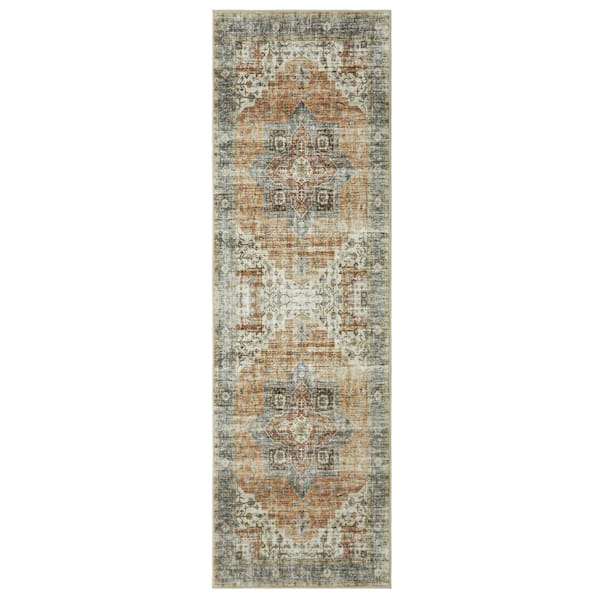 Garvee Taupe 2 ft. x 6 ft. Washable Distressed Floral Vintage Persian Runner Rug