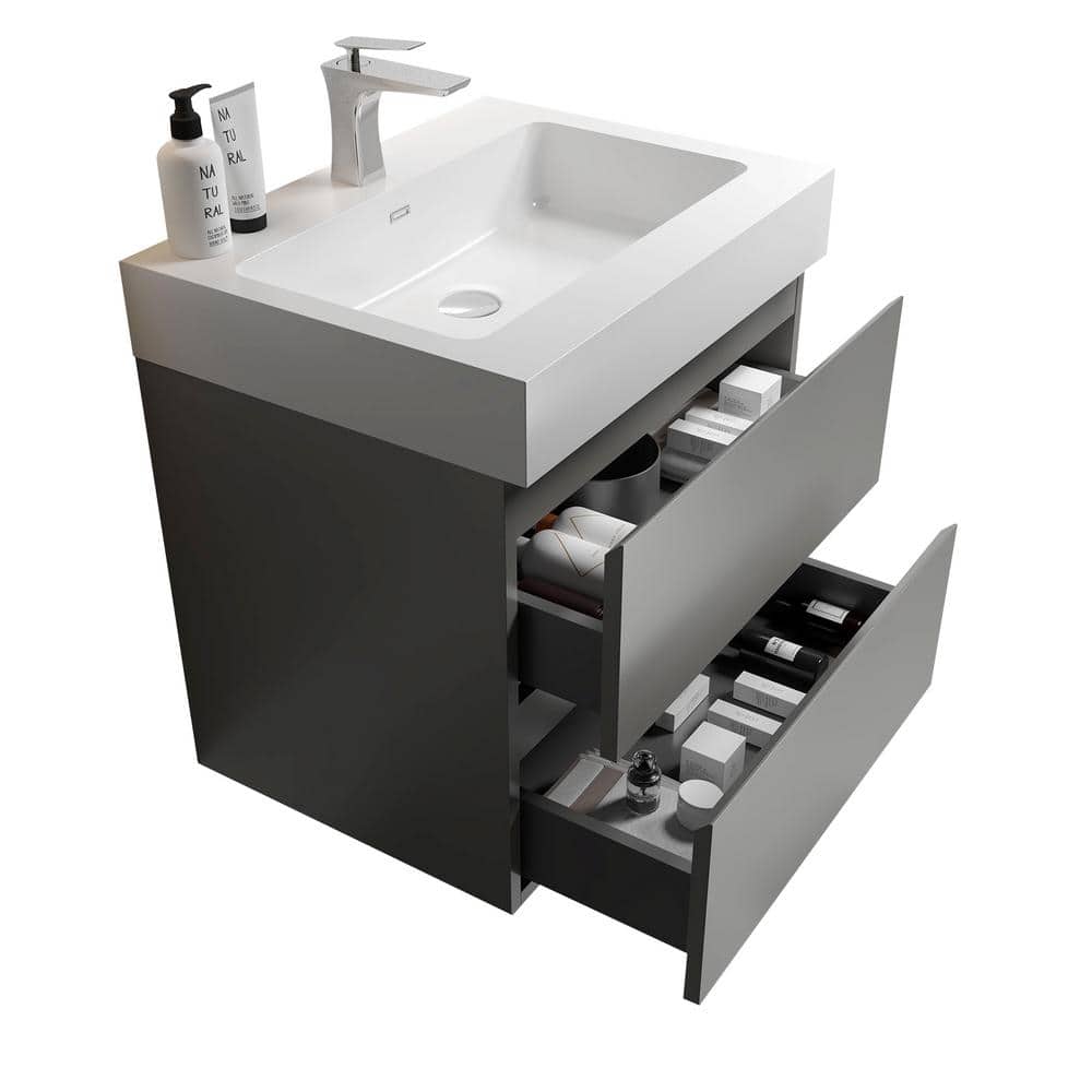 Gray 24'' Floating Wall-Mount Bathroom Vanity with White Sink