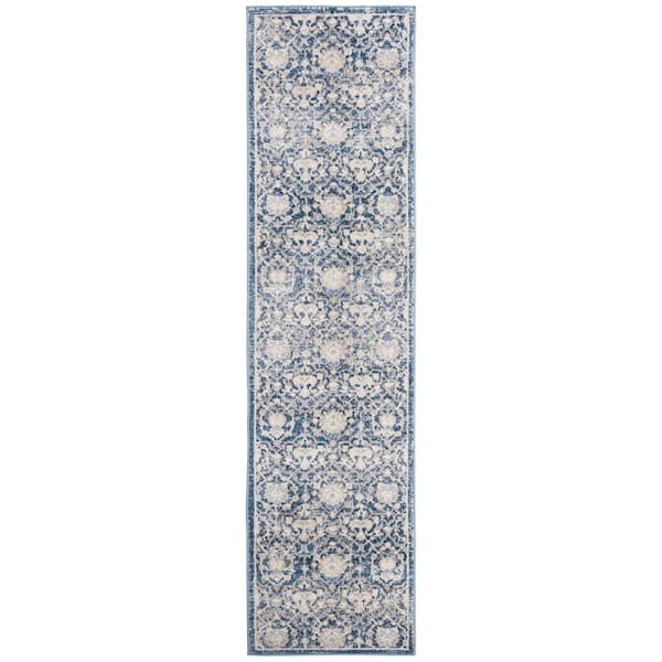 Brentwood Navy/Cream 2 ft. x 20 ft. Distressed Multi-Floral Border Runner Rug