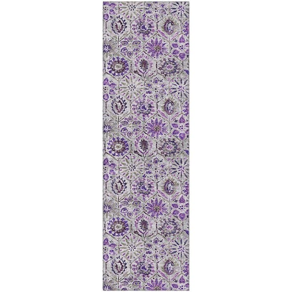 Mayfield Premium Machine Washable Abstract AMF1938 Purple 2 ft. x 7 ft. Runner Rug