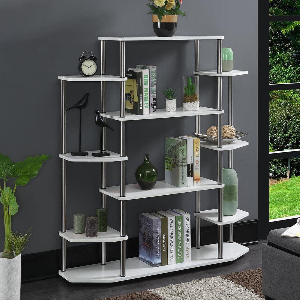 Modern White Wood Wall Unit Bookshelf with Stainless Steel Legs