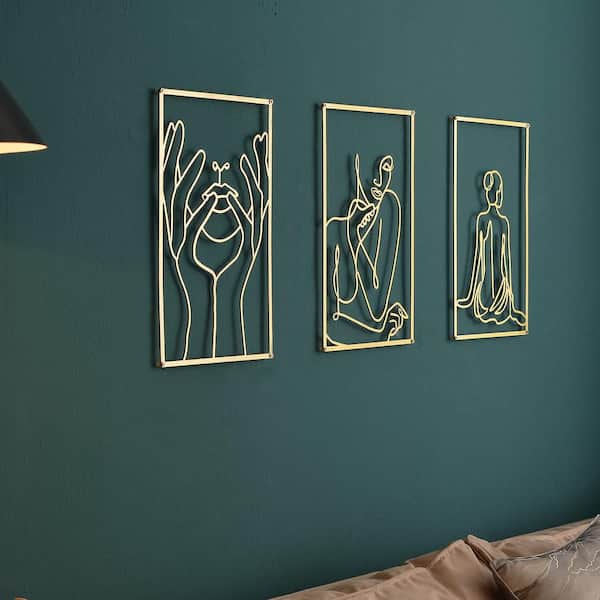 Wall Art Decor, Modern Abstract Female Single Line Minimalist Decor Metal Set of 3, Gold