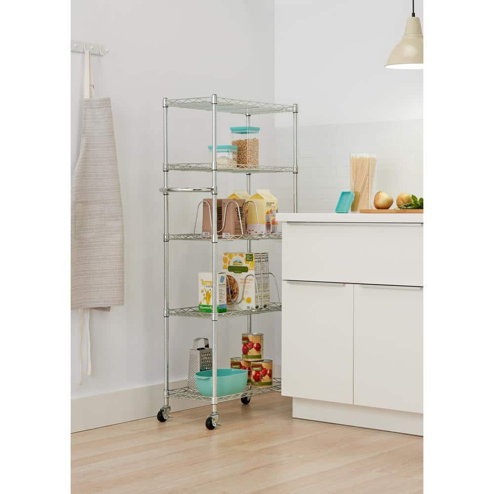 Chrome 24'' Adjustable Steel Pantry Rack with Wheels