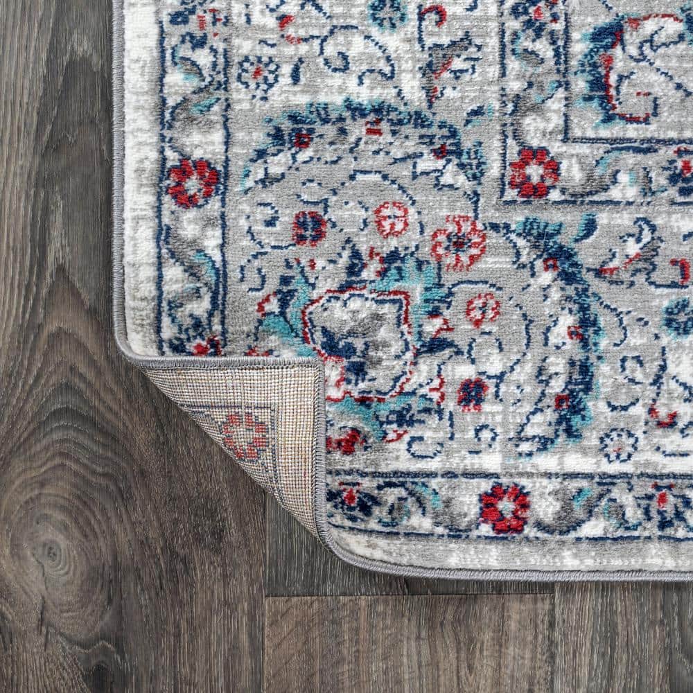 Elegant Light Grey and Red Floral Synthetic Area Rug