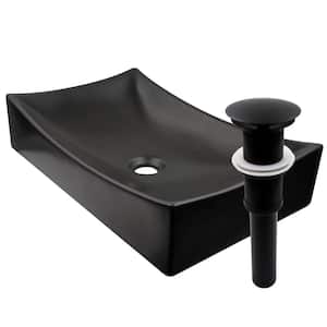 Modern Porcelain Vessel Sink in Black with Matte Black Umbrella Drain