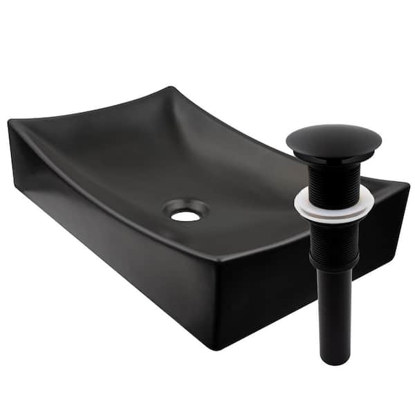 Novatto Modern Porcelain Vessel Sink in Black with Matte Black Umbrella Drain