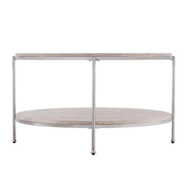 Southern Enterprises Kaitlyn 34 in. Chrome Medium Round Resin Coffee Table with Shelf