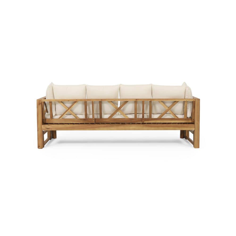 Reyes Teak Wood Outdoor Daybed Sofa with Beige Cushions