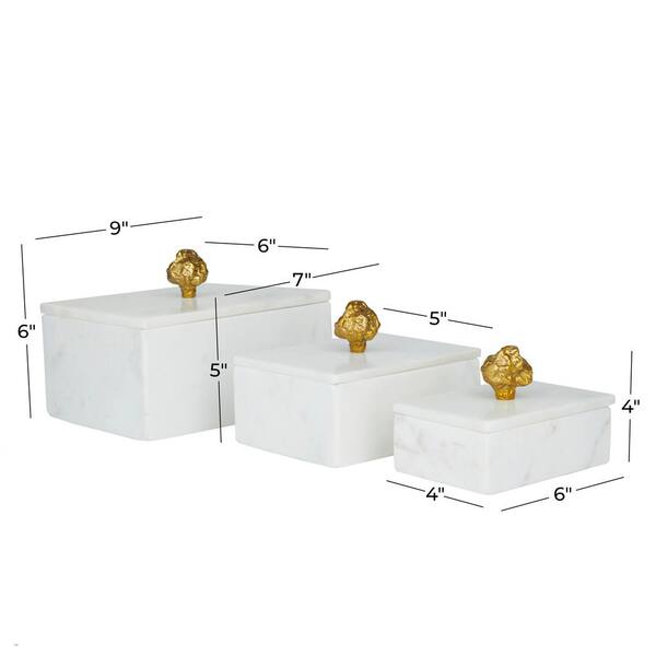 Litton Lane Rectangle Marble Box with Gold Finial (Set of 3), White