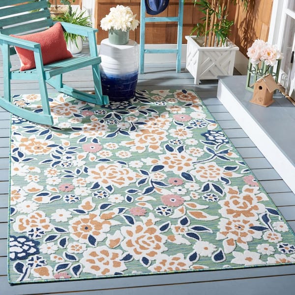 Cabana Green/Navy 8 ft. x 10 ft. High-Low Floral Indoor/Outdoor Area Rug