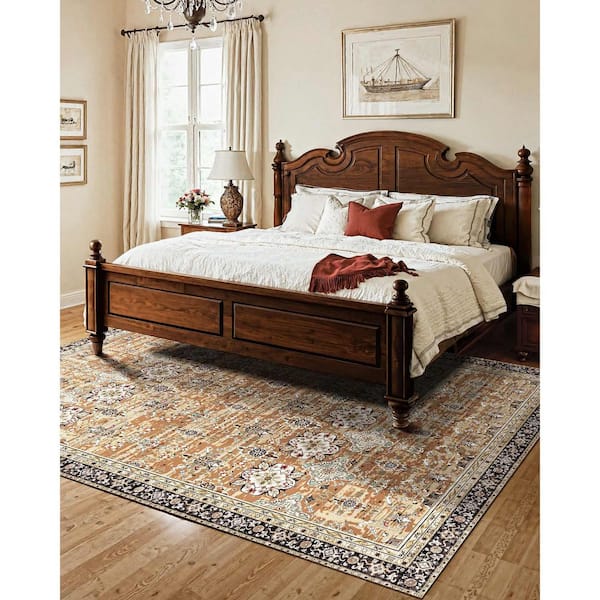 7.5 x 9.5 ft. Large Washable Area Rug, Tear-Resistant, Vintage Design 360g Faux Cashmere TPR Backing Brown Green