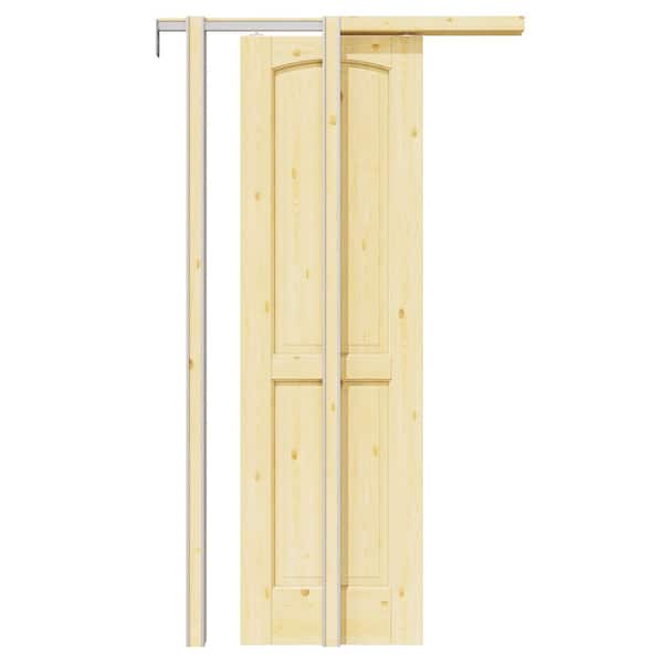 24 in. x 80 in. Arch 2-Panel Unfinished Pine Wood Pocket Sliding Door with Pocket Door Hardware Kit (Soft Close Include)