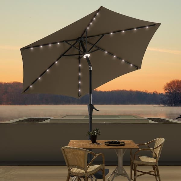 JOYESERY 9 ft. LED Outdoor Umbrellas Patio Market Table Outside Umbrellas Nonfading Canopy and Sturdy Ribs, Taupe