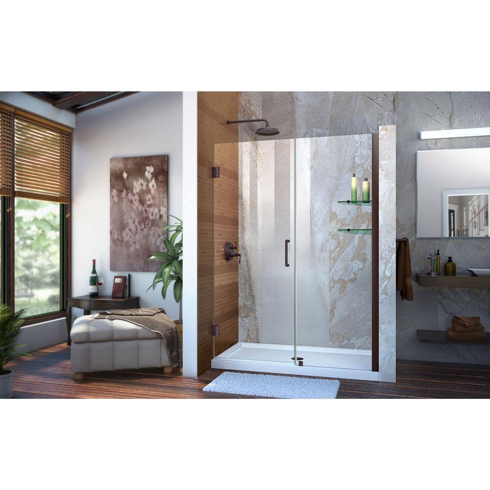 Unidoor Frameless Hinged Shower Door with Clear Glass and Black Hardware