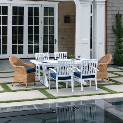 St. Martin White 7-Piece Wicker and Aluminum Outdoor Dining Set with Blue Cushions