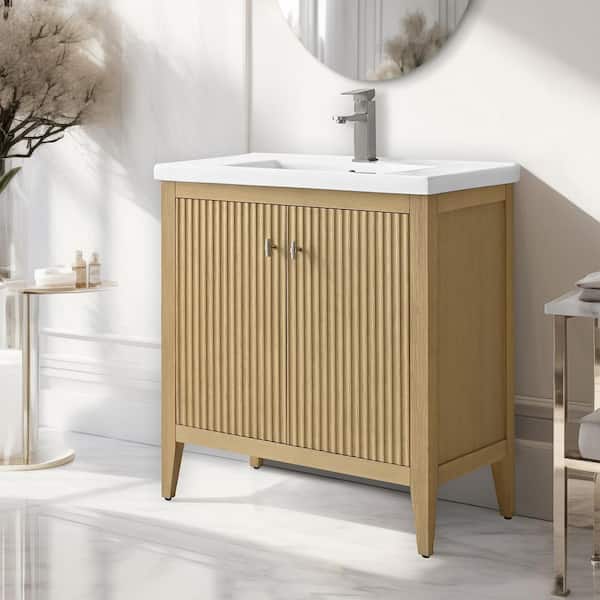 30 in. W x 18.5 in. D x 34 in. H Single Sink Linear Natural Oak Bath Vanity Cabinet with White Ceramic Top
