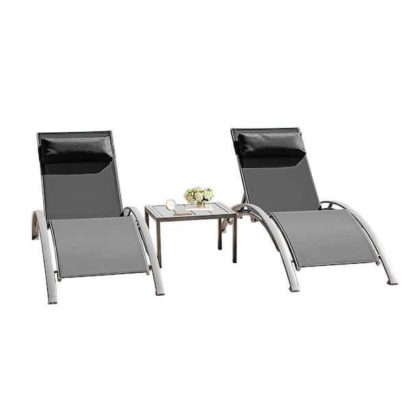 Pool Lounge Chairs Set of 3, Adjustable Aluminum Outdoor Chaise Lounge Chairs with Metal Side Table, Dark Gray