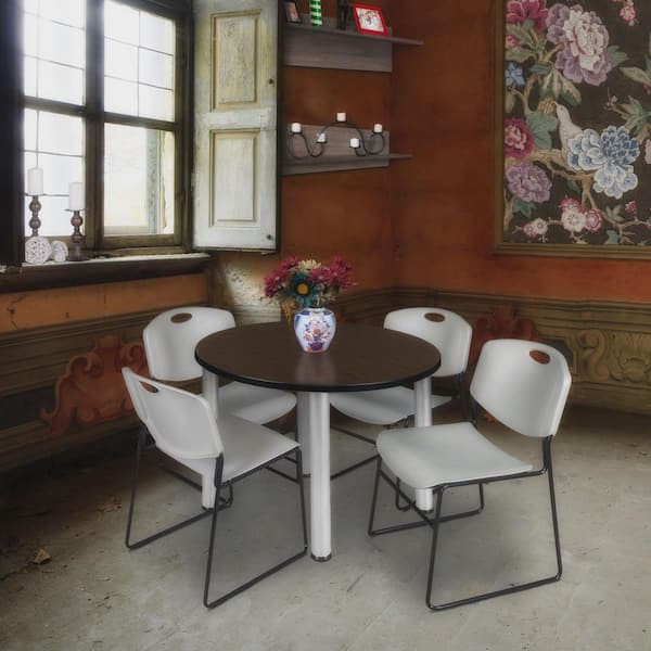Kee 36 in. Neo Walnut Round Breakroom Table Desk and 4 Zeng Stack Chairs-Grey
