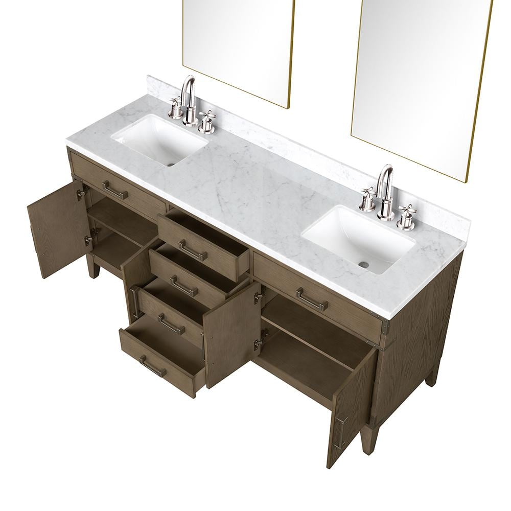 Fossa 72 in W x 22 in D Grey Oak Double Bath Vanity, Carrara Marble Top, Faucet Set, and 34 in Mirrors -  Lexora, LVF72DR111