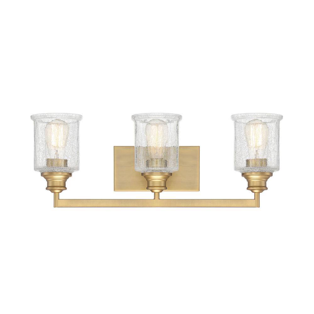Hampton Warm Brass 3-Light Vanity with Crackle Glass Shades