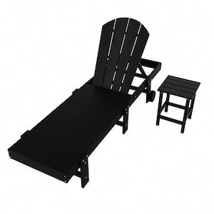 Laguna 2-Piece Fade Resistant HDPE Plastic Adjustable Outdoor Adirondack Chaise with Wheels and Side Table in Black