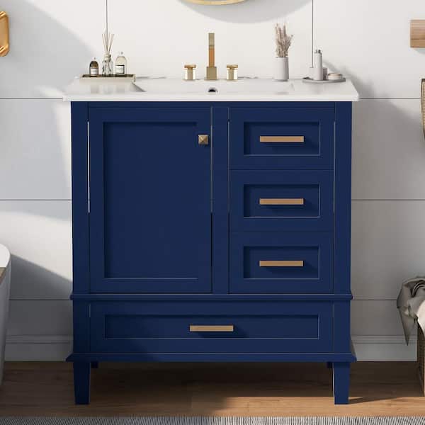 JimsMaison 30 in. W. x 18 in. D x 34 in. H Single Sink Freestanding Bath Vanity in Blue with White Ceramic Top
