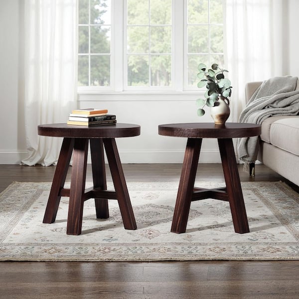 Colt 18 in. Espresso Rustic Round Solid Wood End Tables with 4-Legs, (Set of 2)