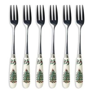Christmas Tree 6 in. 6-Piece Stainless Steel and White Ceramic Pastry Fork Flatware Sets