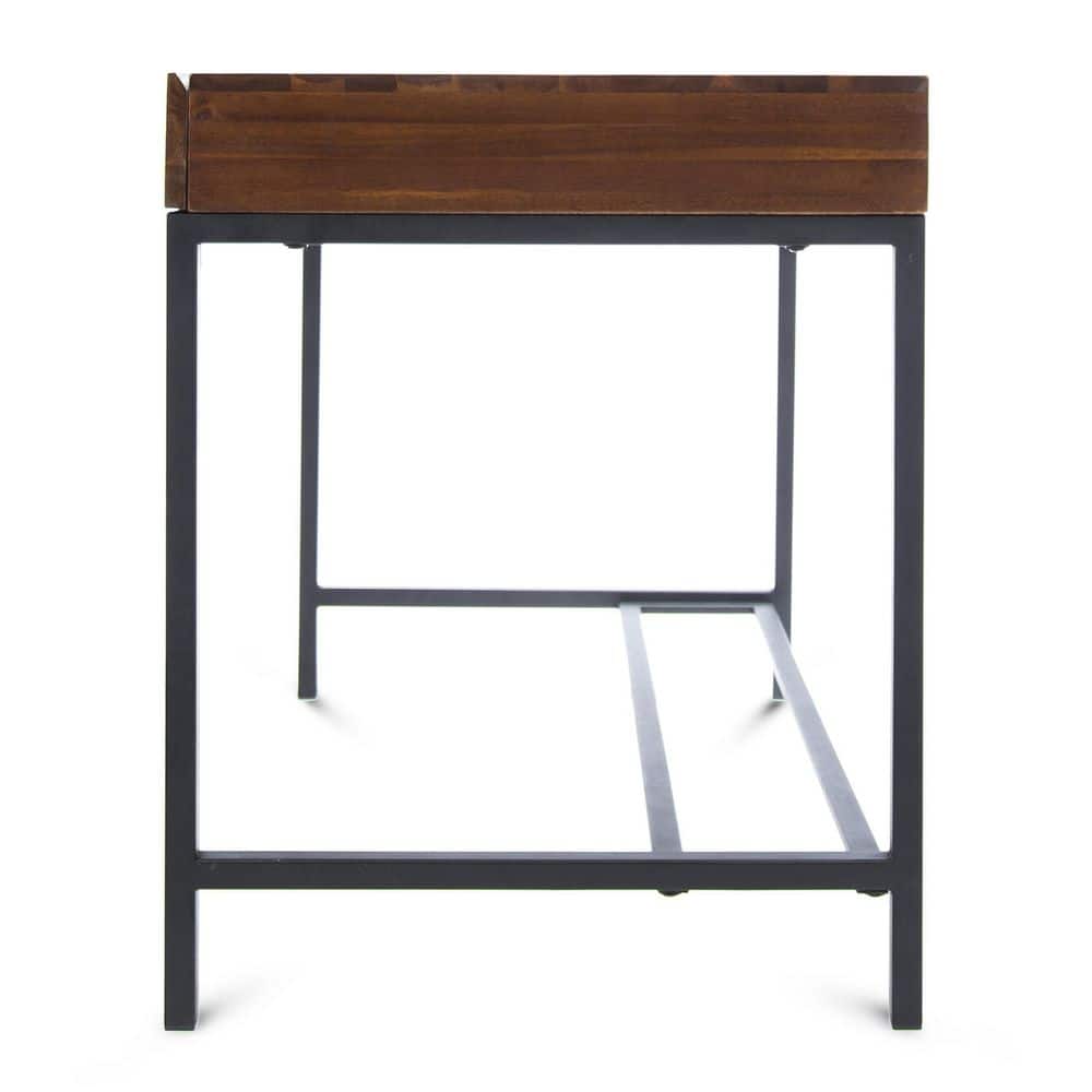 Rustic Dark Oak Acacia Wood Desk with Metal Frame and Dual Drawers