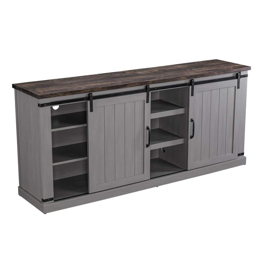 Gray Sliding Barn-Door TV Stand with Adjustable Shelves